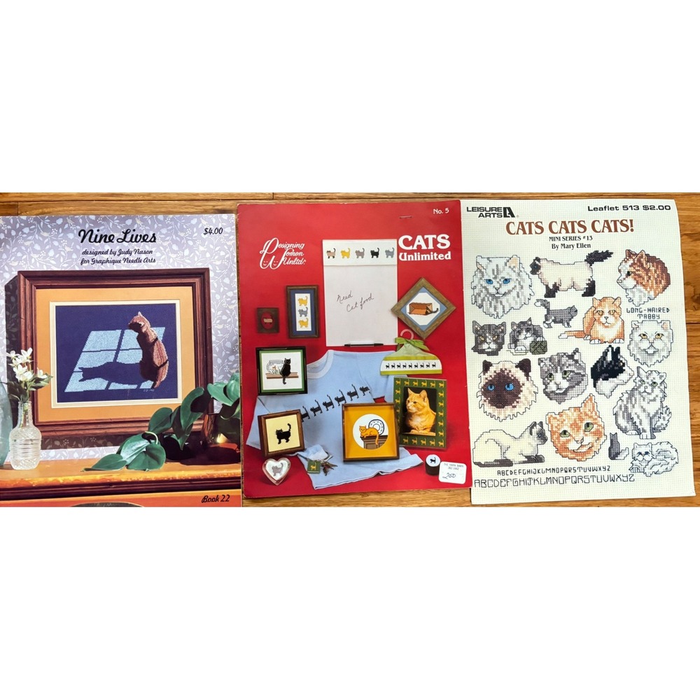 Lot of 3 Vintage Cat Cross Stitch Patterns Nine Lives Cats Unlimited Leisure Art